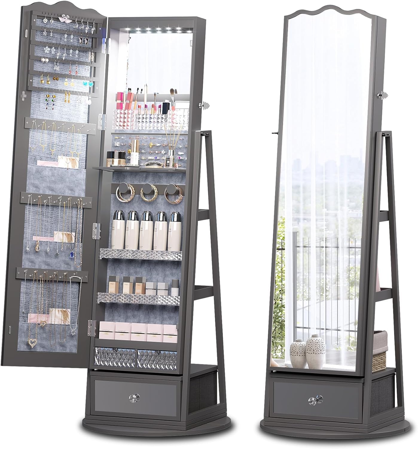 HWBHWB Full-length Mirror Jewelry Cabinet Standing with Lights - Ample Storage Drawer, 360° Rotating, Book Shelf, 3 Colors LED Lighting - Stand up Mirror with Jewelry Storage Armoire Box Organizer, Grey