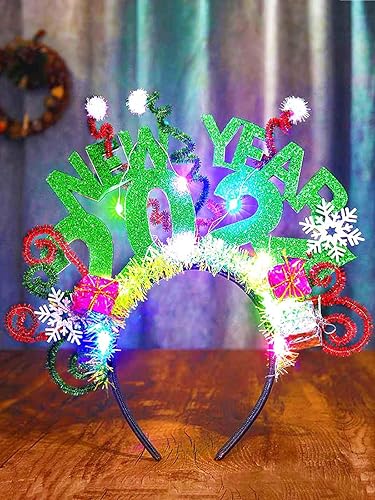 TWINKLEDE Diadema iluminada para el año nuevo 2024, aro de pelo con purpurina verde para mujeres y niñas