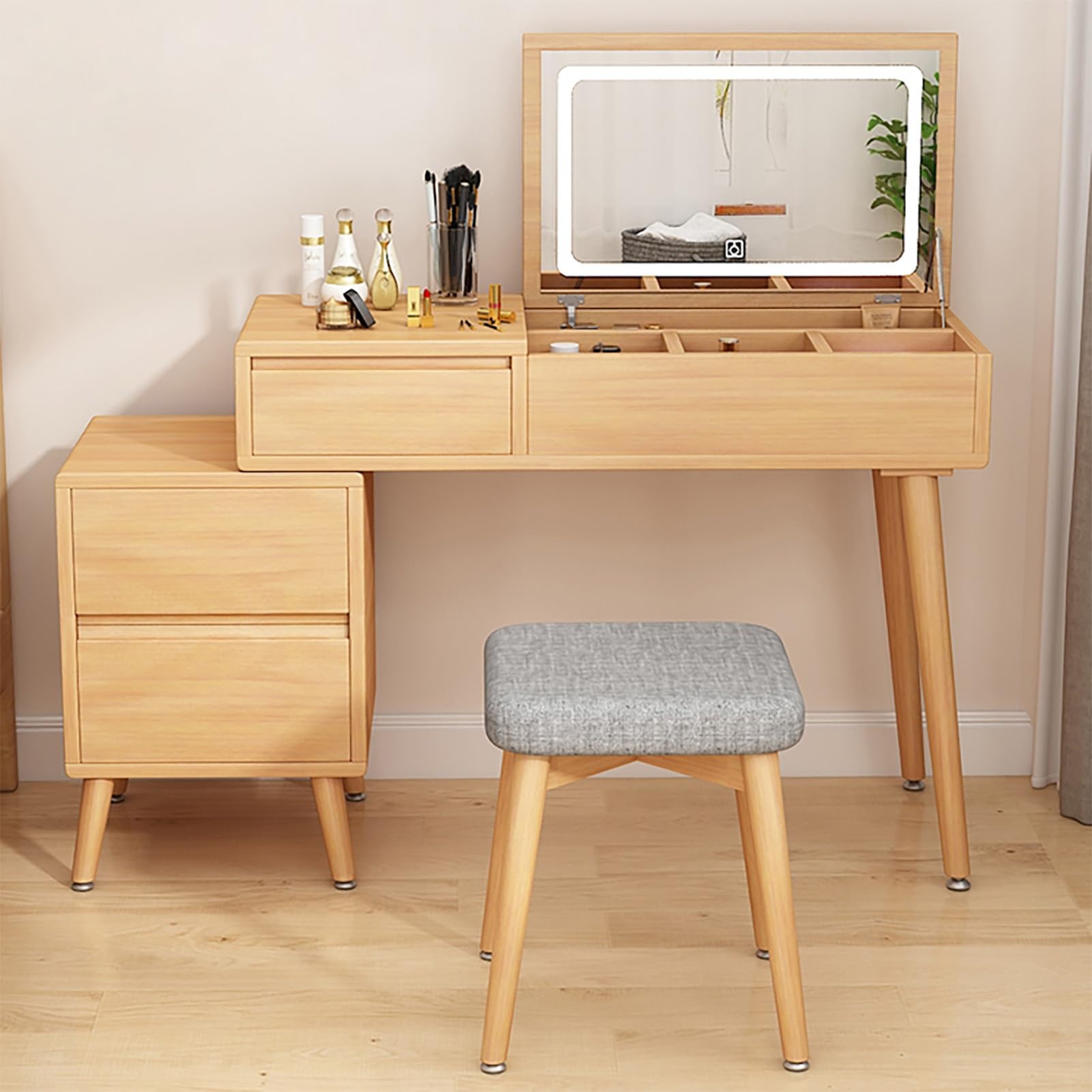asdchZen Brown Makeup Vanity Table With Flip Mirror & Adjustable Side Storage, 31.5In Wood Dressing Table & Stool Set, Stylish Bedroom Vanity Dresser For Beauty Essentials,Natural-27.5in/70cm