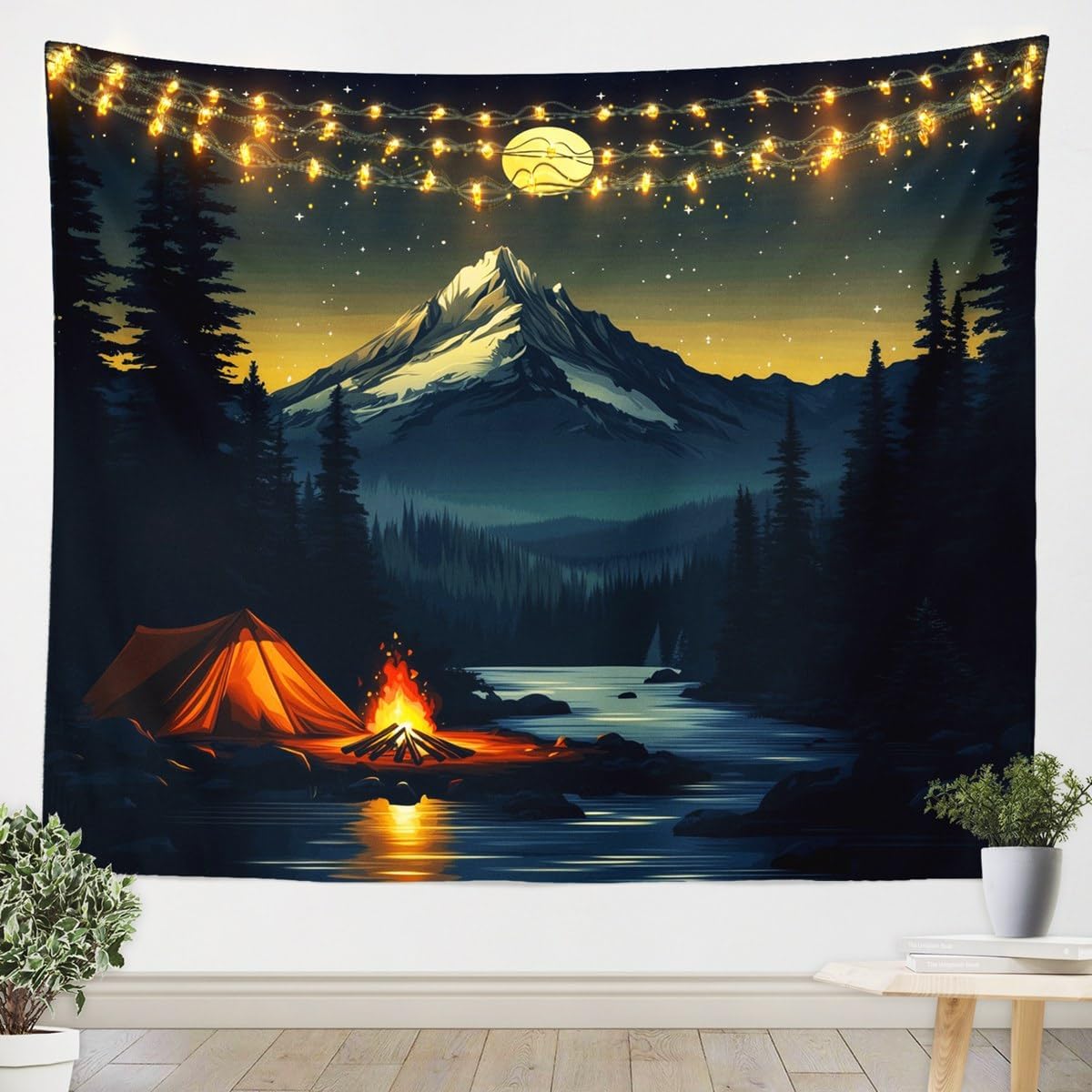 jejeloiu Camper Tapestry XLarge 70"x92" Kids Campfire Tent Mountain Wall Hanging for Boys Girls Teens Happy Camping Moon Wall Blanket RV Camping Wall Art Room Decor