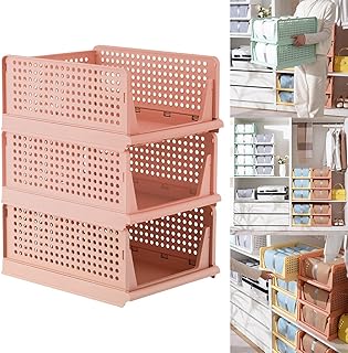 Barrageon 3 Pièces Plastique Panier de Rangement Tiroir de Garde-Robe Pliables Armoire Empilable Unités Organisateur Conteneurs Chambre Placard Bureau Etagère Boîtes (Rose Foncé)