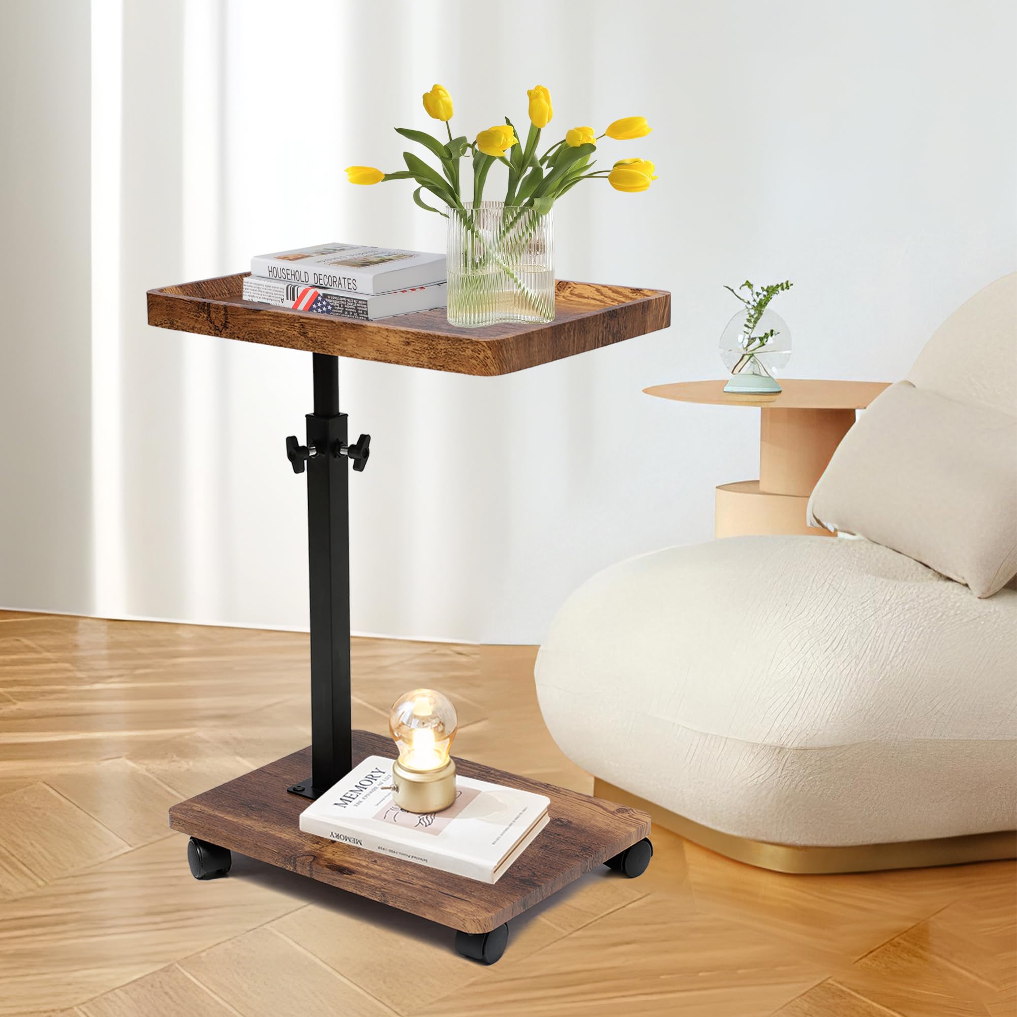 Tavolino da Divano - Tavolino Divano Rotazione 360° e con Ruote - Tavolini da Divano Regolabile Altezza (45-80CM) - Tavolino a Forma di C da Divano e Letto per Soggiorno e Camera da Letto