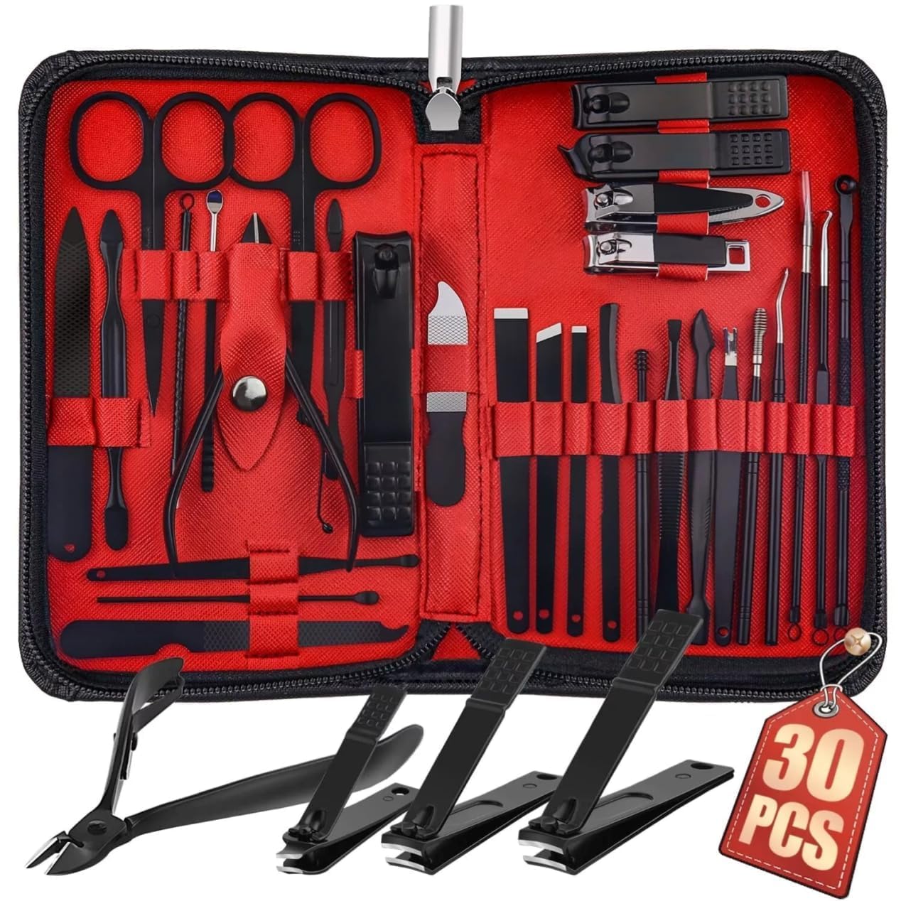 ZIRAK 30-Piece Professional Manicure & Pedicure Kit – Stainless Steel Nail Clippers Set for Men & Women, Complete Grooming Tools with Travel Leather Case (Red & Black)-picture-27