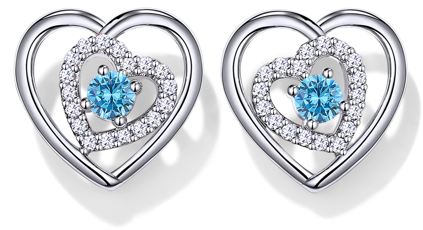 JD&P Rose Gold/Silver Heart Stud Earrings Set for Women Girls, 18K Gold Plated Cubic Zirconia Birthstone Earrings Jewelry Gifts for Mom Grandma Wife, Christmas Birthday Gifts Ideas for Her