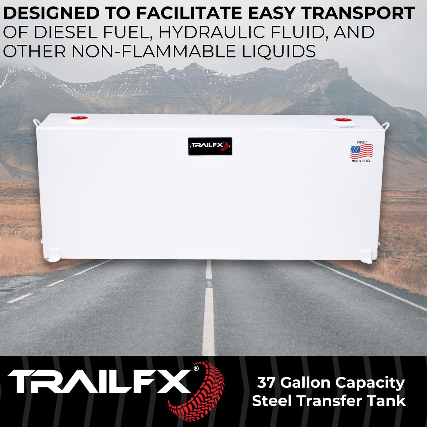 TrailFX 21040SW Liquid Transfer Tank 37 Gallon Capacity Rectangular Vertical Steel Tank Gloss White Powder Coat Vented Lockable Cap For Diesel and Non-Flammable Liquids