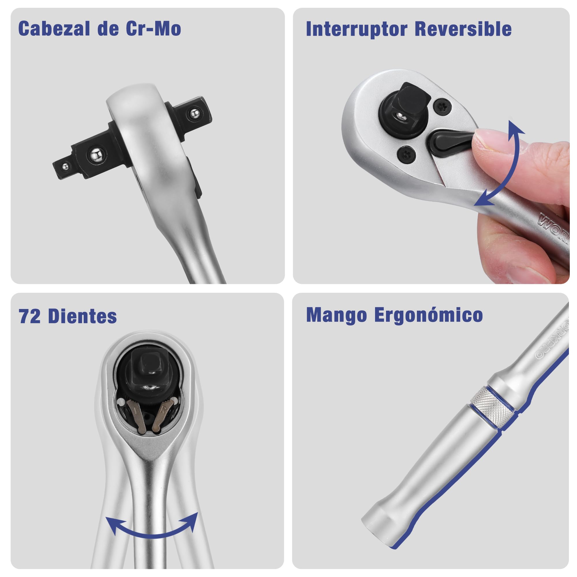 WORKPRO Caja Herramientas, Juego de Llaves de Vaso de 22 Piezas con Mango de Trinquete, Llave de Carraca de 1/4”, 3/8”, 1/2”, Llaves de Vaso Métricas de Acero C-V con Barras de Extensión, con Estuche