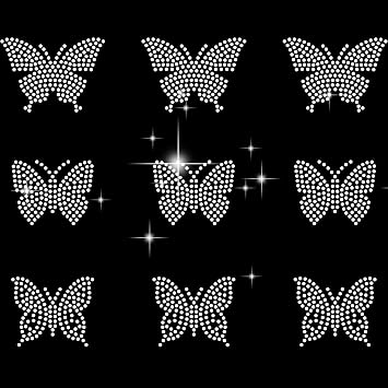 9 pcs Iron On Butterfly Rhinestone Applique Transfer DIY Heart T-Shirt Face Transfer Decal Glitter Crystal Pattern Decor White