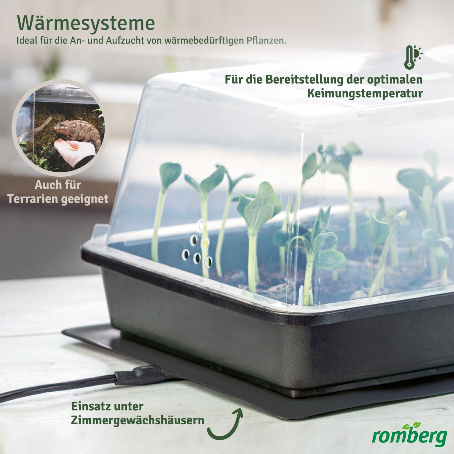 Romberg Zimmergewächshaus Thermo M - beheiztes Mini Gewächshaus für Pflanzenanzucht, Anzuchtset Indoor mit integrierter Heizmatte (17,5 W), Anzuchtgewächshaus für Fensterbank, 38 × 24 × 19 cm