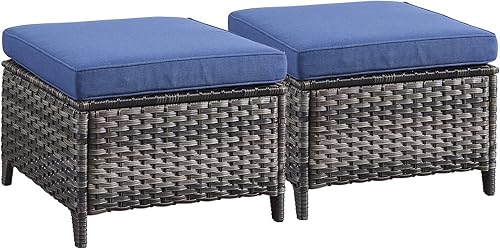 Reposapiés otomanos para exteriores, 2 piezas, reposapiés otomano de mimbre de ratán con cómodos cojines para patio, porche, terraza, balcón, jardín