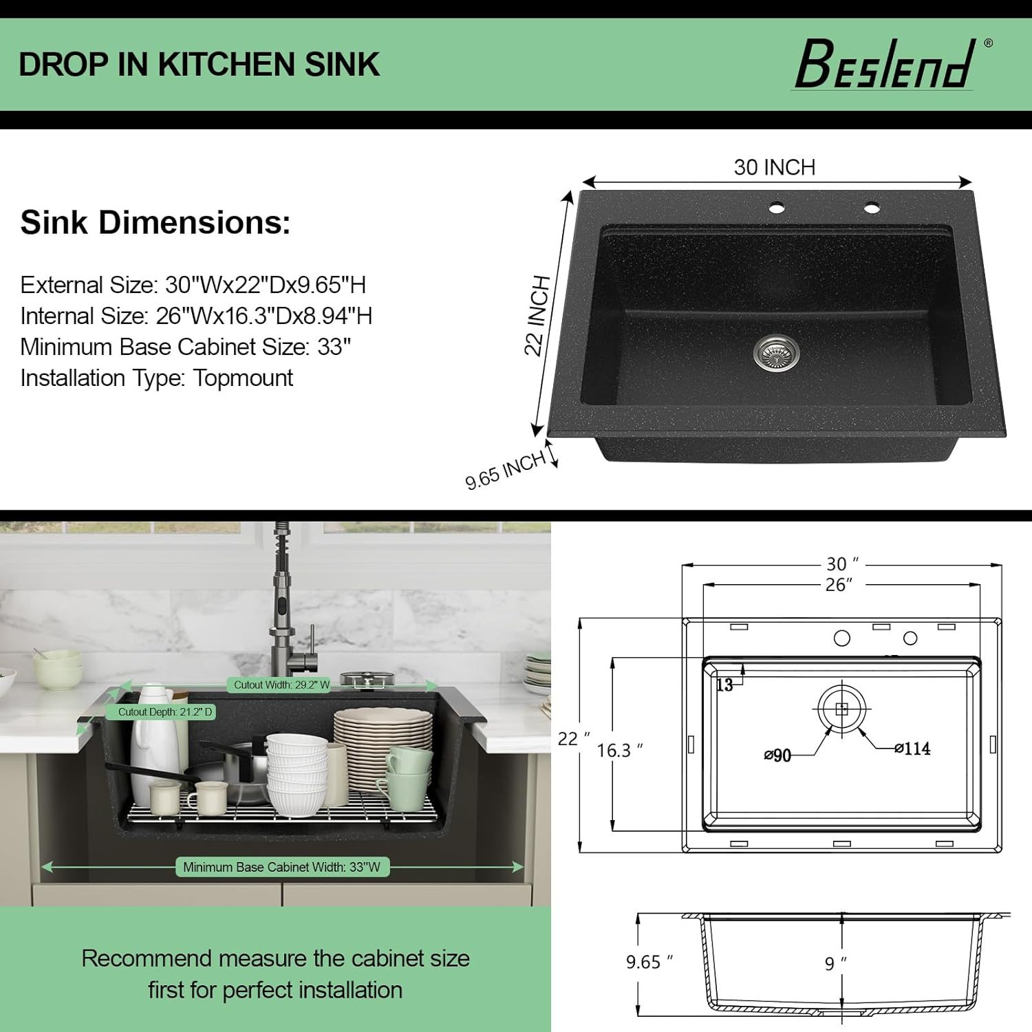 30 Granite Composite Kitchen Sink - Beslend 30x22 Drop In Black Kitchen Sink with High Pressure Glass Rinser, Granite Composite Worksation Black Sinks Easy Clean Quartz Basin for Kitchen Remodel