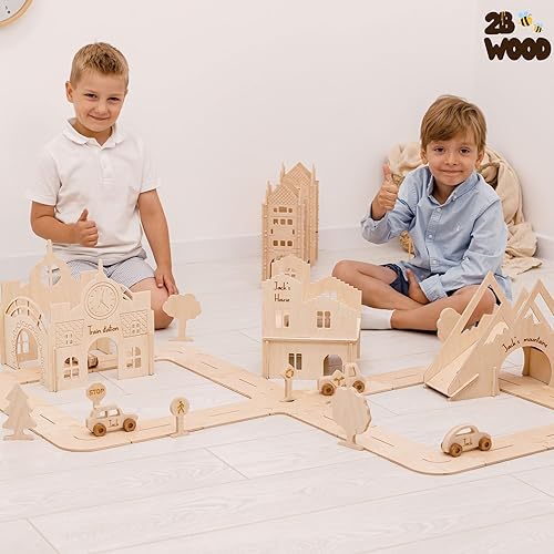 Miniatura 8 de Personalized Wooden Car Track for Boys - Size M Toddler Race Track Toy Cars - Wooden Toy Cars Road Bridge House Train Station Mountain - Montessori