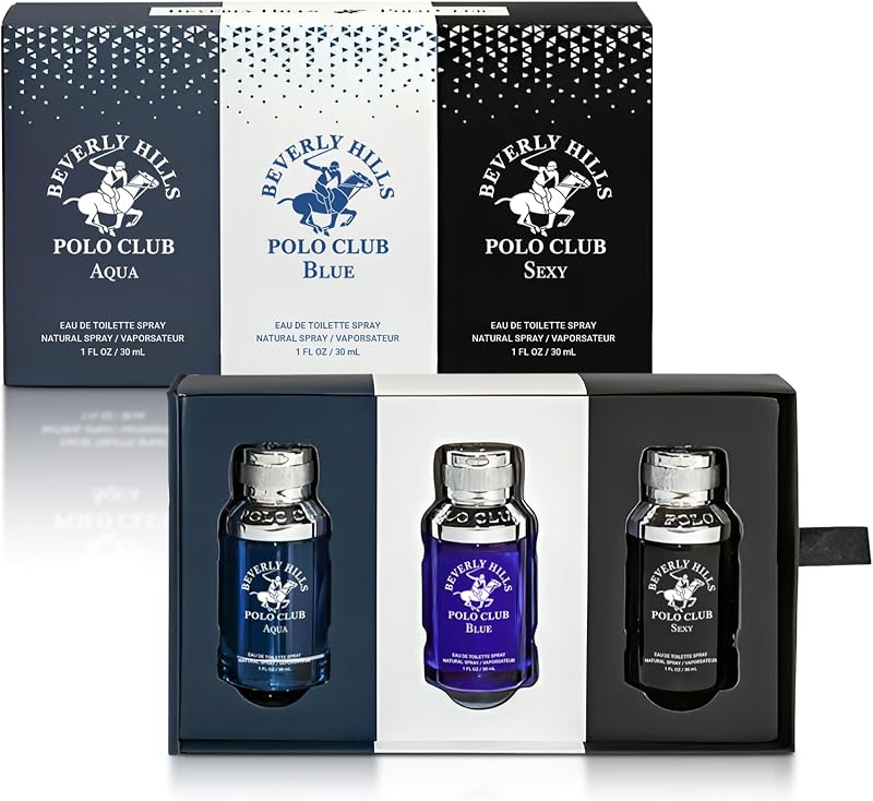 Men’s Eau de Toilette Gift Set – 3 Piece Slider Collection (Aqua, Blue & Sexy) – Long-Lasting EDT Fragrance Trio for Men – Compact Travel-Friendly Bottles – 3 x 1 oz / 30 ml