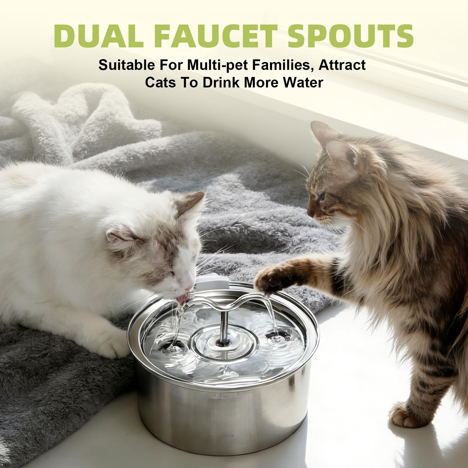Fontanella per Gatti Acciaio Inox, 3.2L Fontana per Gatti, Silenziosa Automatico Fontanelle, Fontanella Acqua Gatto con 1 Filtro e 1 Spugna per cani