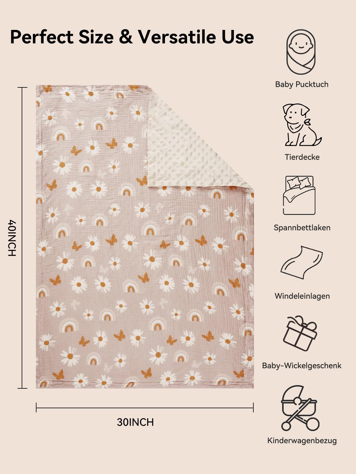 TILLYOU Coperta per bambini in cotone, 75 x 100 cm, double face, in mussola, per neonati, motivo: farfalla rosa