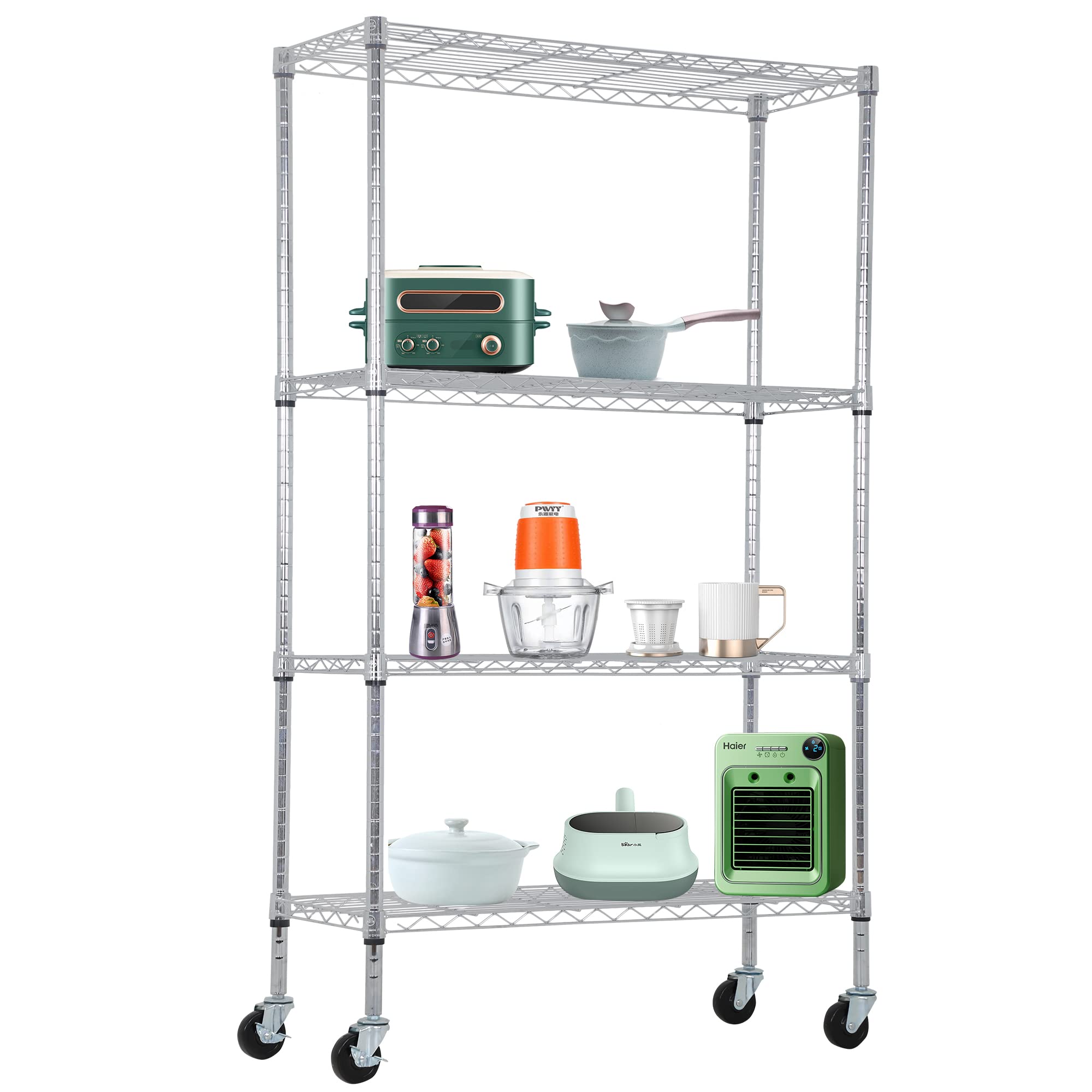 BestOffice | 4-Tier Wire Storage Shelves with Wheels | 36x14x62 | Chrome | Adjustable Racks | Heavy-Duty Metal Shelf, Holds Upto 500 lbs | No-Tool