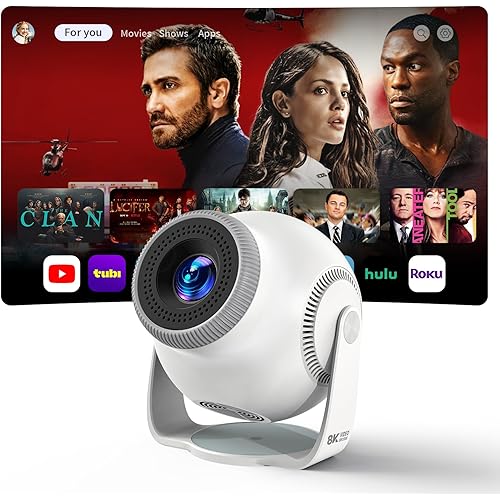 Smart Mini Projector with Android 14 OS, 1080P/4K/8K Video Decoding, WiFi 6 & Bluetooth 5.4, 270° Rotatable Stand, Auto Vertical Keystone, Portable Proyector for Bedroom & Home Entertainment(White)