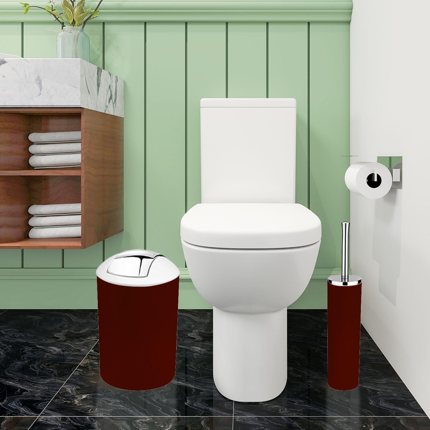 Bathroom Accessory Set 6 Piece Burgundy Acrylic Watercolor Marble Shiny Trash Can, Toothbrush Holder, Toothbrush Cup, Toilet Brush, Soap Dispenser, Soap Dish