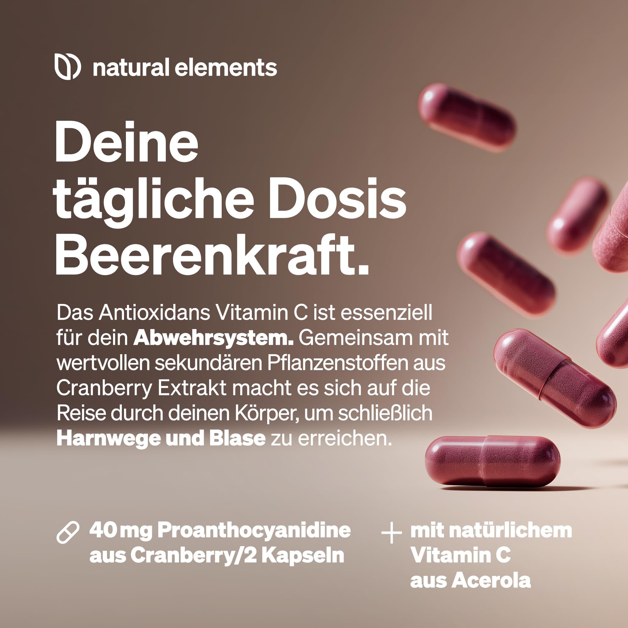 natural elements Cranberry Extrakt mit Vitamin C – 25:1 Extrakt (entspricht 20.000mg Cranberries pro Tagesdosis) – 240 Kapseln – laborgeprüft, vegan, hochdosiert, ohne unerwünschte Zusätze