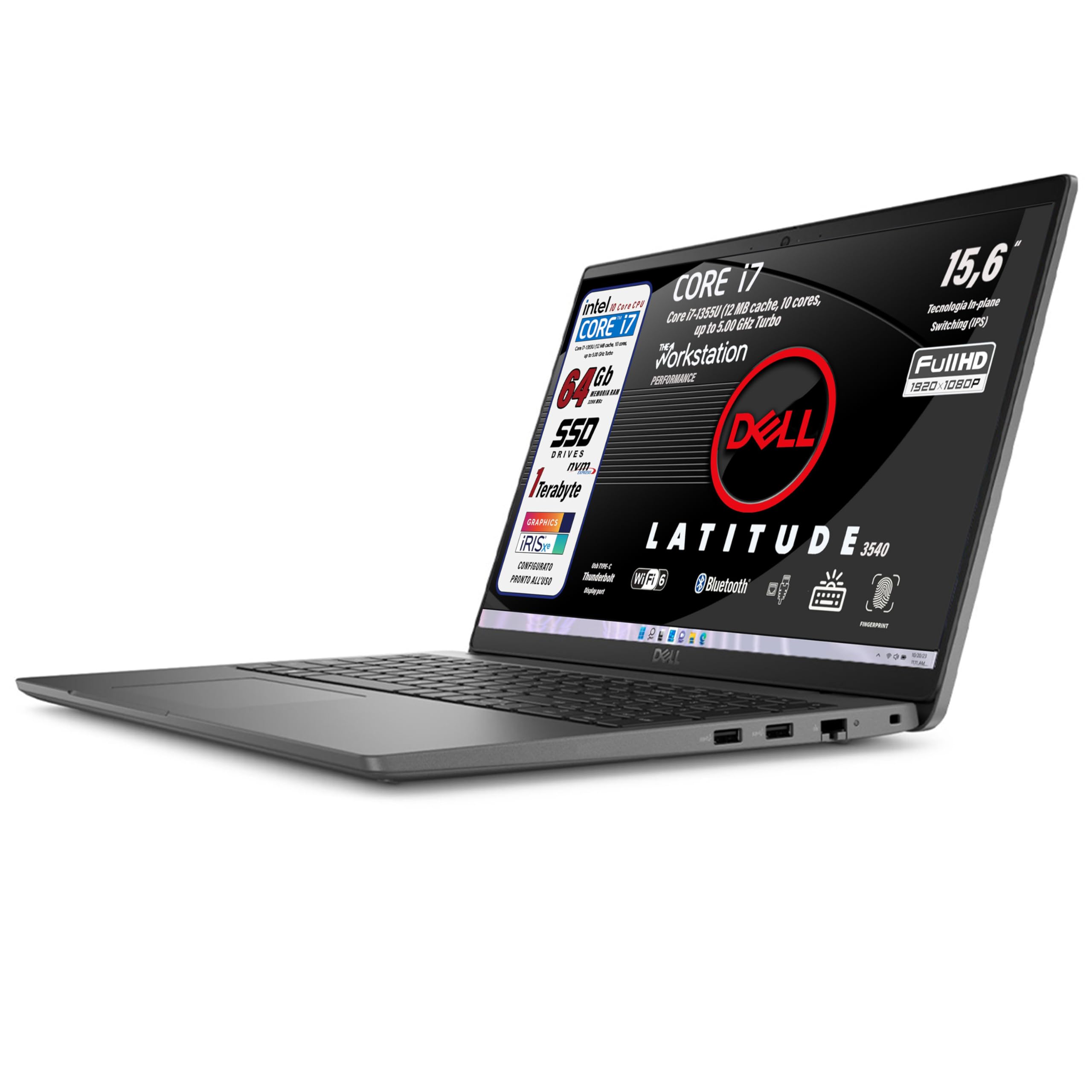 Notebook Dell Latitude, RAM 64 Gb, Intel Core i7-1355U 13th, 12 MB cache, 10 cores, 5.00 GHz Turbo, 15.6" FullHD, SSD 1Tb, Tastiera Retroilluminata, Fingerprint, Win 11 Pro, Pronto all'Uso