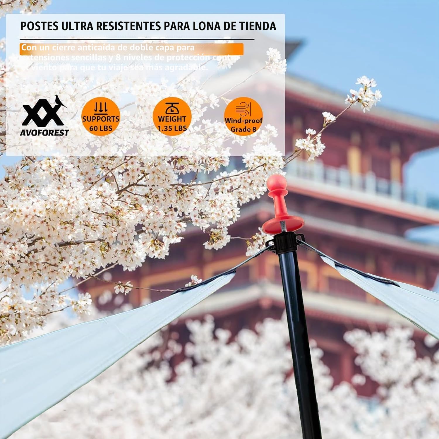 Postes para Lonas Resistentes Ajustables, AVOFOREST Aluminio de Aviación 2.65m Postes Telescópicos para Tienda con Tapa Protectora Postes Plegables Resistentes al Viento Juego de 2 para Lonas - Toldo