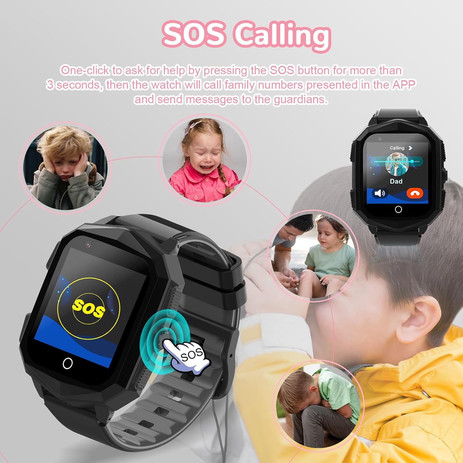 Image depicting the SOS emergency call feature on the wonlex 4G Kids Smart Watch, showing a child activating the SOS button.