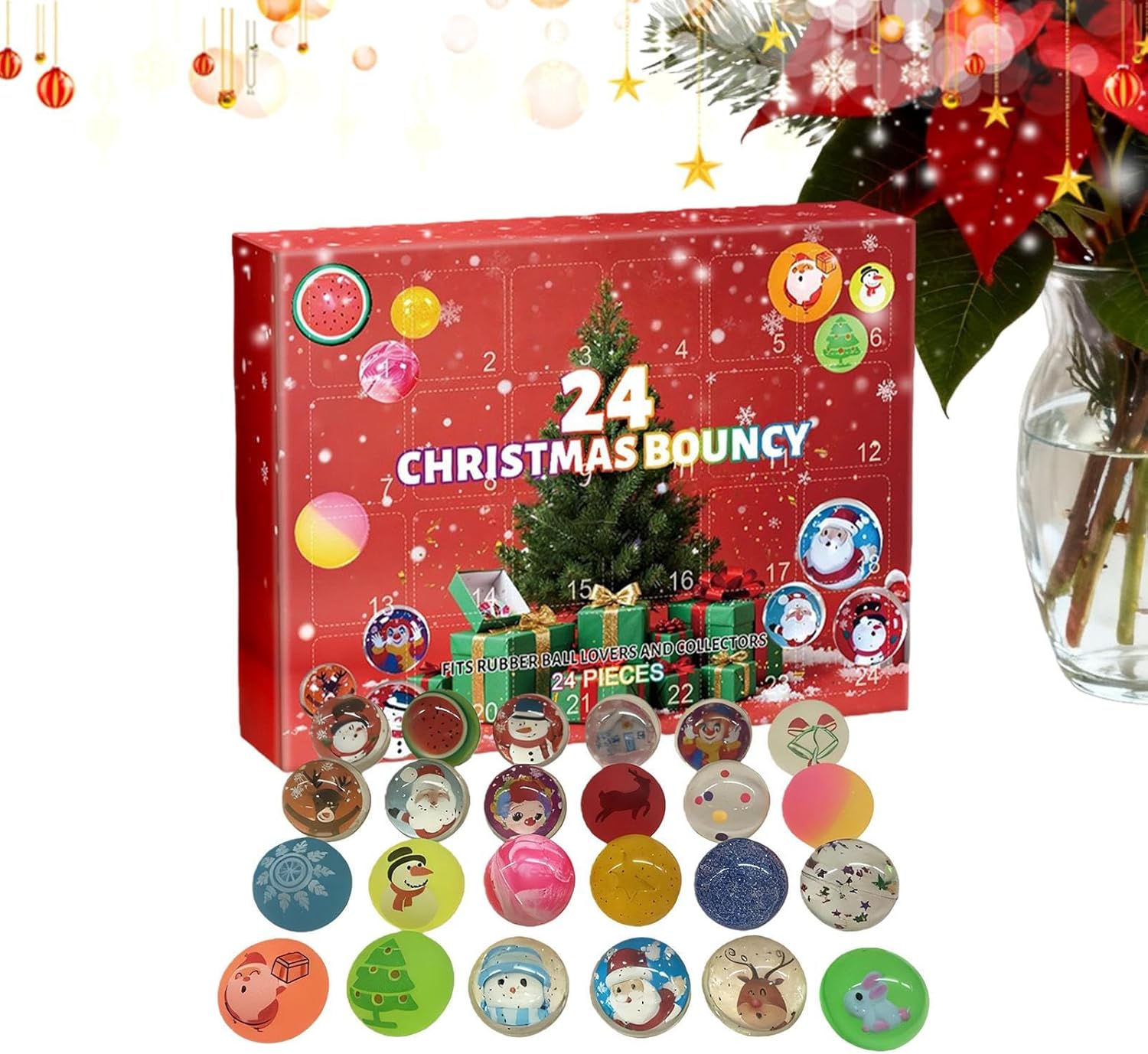 Christmas Advent Bouncy Balls 2025-24 Days for Countdown Calendar Colorful Stress Relief Balls for Boys Girls Funny Christmas Party Gift Decoration