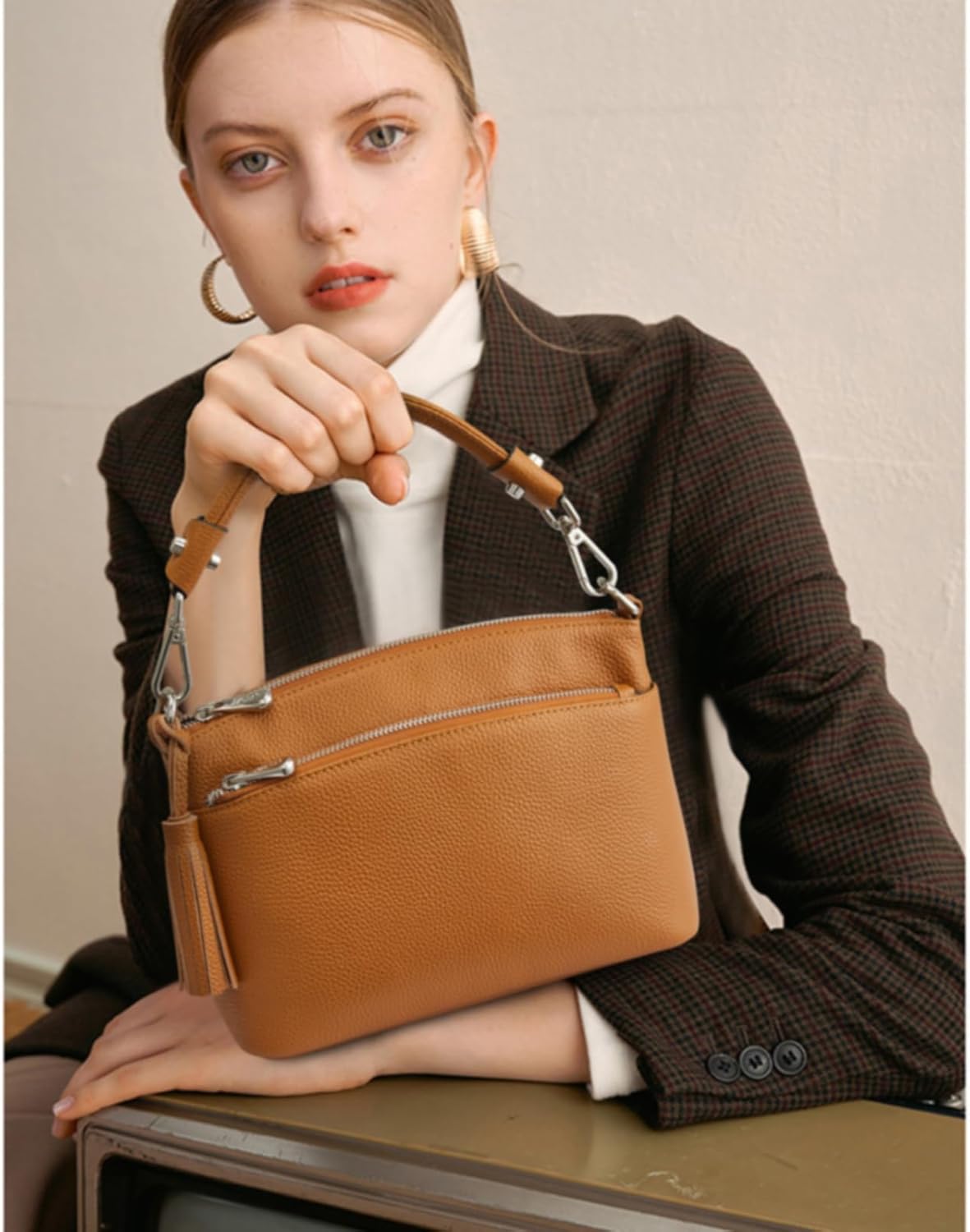 S-ZONE Small Genuine Leather Top Handle Handbags for Women Shoulder Bag Crossbody Purse - Image 2