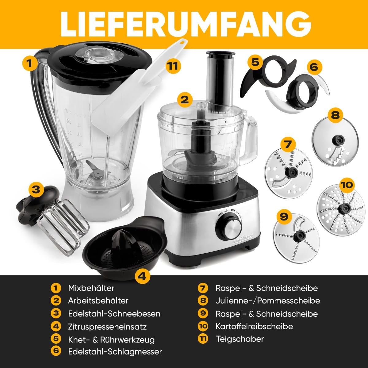 ProfiCook PC-KM 1063 robot de cocina compacto, cortar, amasar, mezclar, accesorio para prensar cítricos, 1,2L, apertura de rellenado, con función turbo incl. 11 accesorios, 1200W