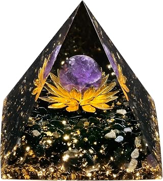SUNYIK Crystal Sphere Orgone Pyramid with Black Obsidian Tumbled Stones and Golded Lotus Base Energy Generator for Meditation Office Home Decoration, Amethyst Crystal Stone