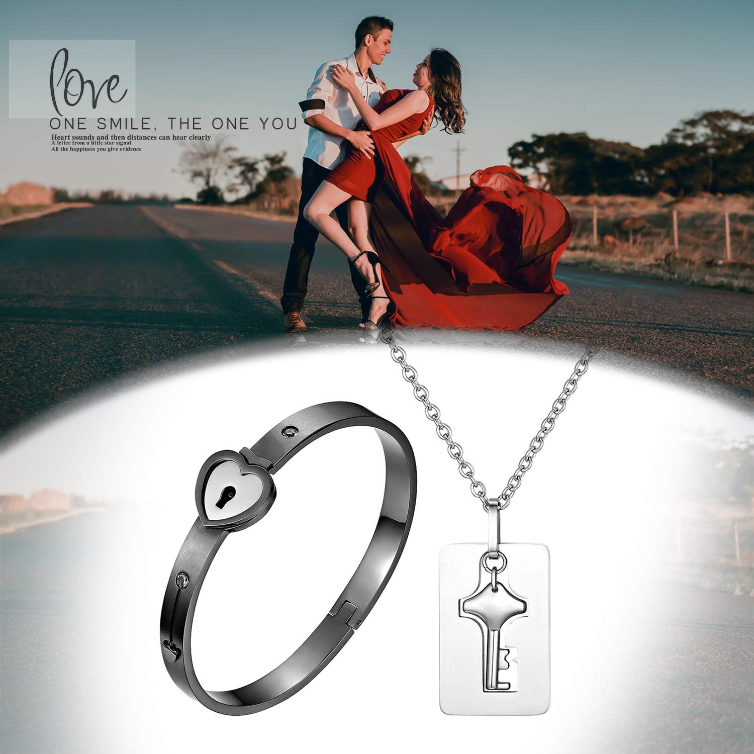 OIDEA His Hers Love Heart Key Lock Macthing Bangle Bracelet Tag Pendat Necklace for Valentines Day Gifts,Silver,Roseold