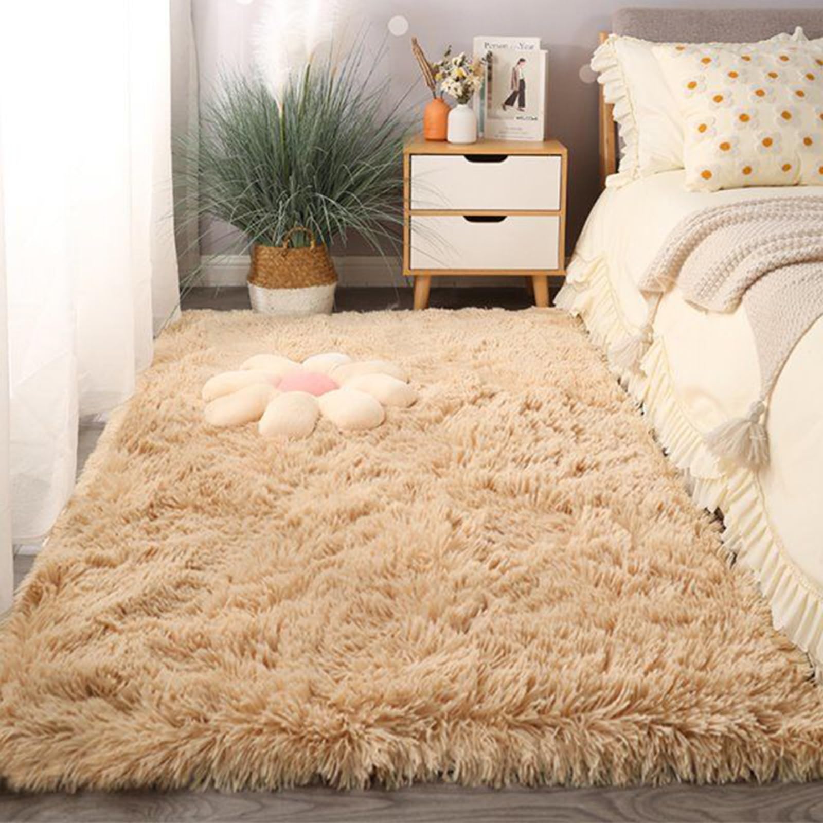 Tapis de chambre shaggy beige antidérapant 145x265 cm lavable pile douce