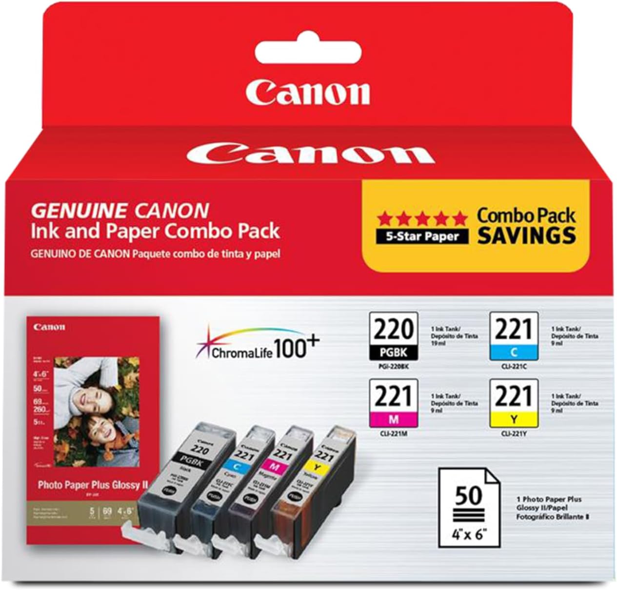 Canon PG-220/CL-221 Genuine Combo Pack with 50 Photo Paper Sheets, Compatible with MP980, MP560, MP620, MP640, MP990, MX860, MX870, iP4600, iP3600, and iP4700 Printers