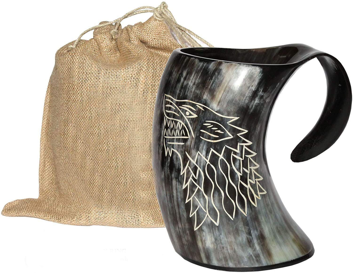 Drink Barware Drinking Horn Mug with Acrylic Base for Men and Women - Genuine Handcrafted Viking Horn Cup for Mead, Ale and Beer - Original Medieval Stein Mug with Burlap Sack, 20 Oz