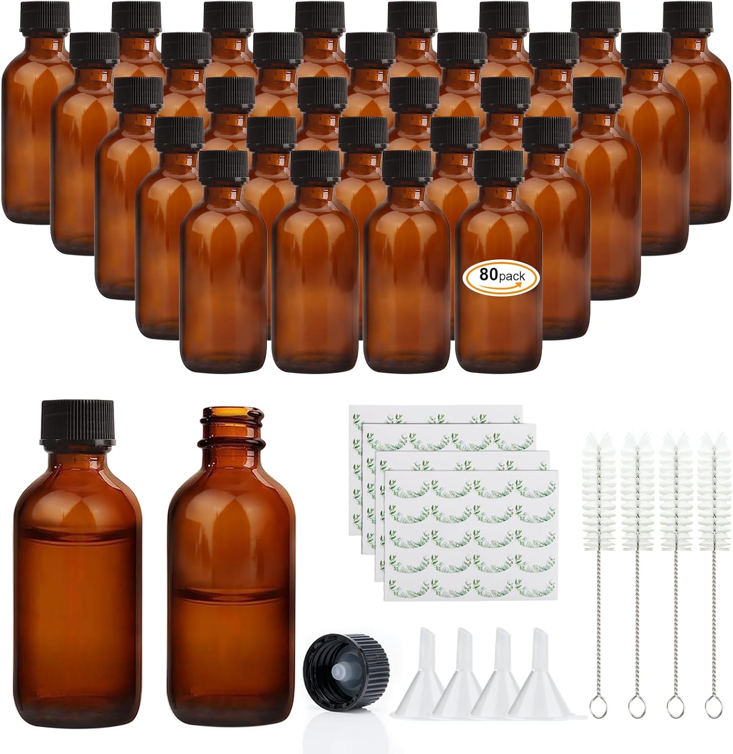2 oz Amber Glass Bottles, Small Boston Round Glass Bottles (80 Pack) with Leak-proof Caps, Refillable Container for Homemade Extract, Essential Oils, Herbal Medicine and More