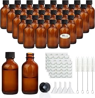 2 oz Amber Glass Bottles, Small Boston Round Glass Bottles (80 Pack) with Leak-proof Caps, Refillable Container for Homemade Vanilla Extract, Essential Oils, Herbal Medicine and More