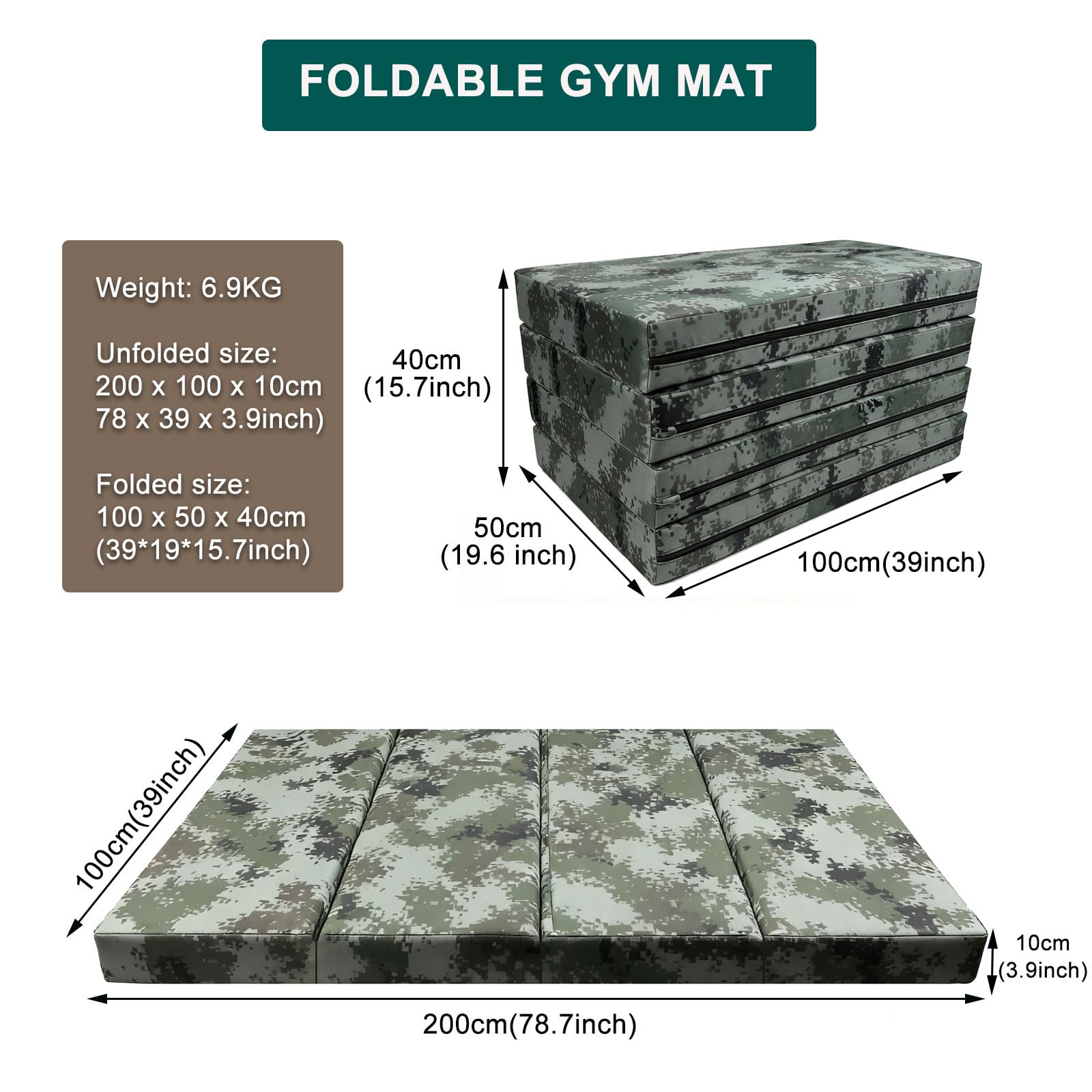 Tappetino da Sport 4-Fold 200x100x10cm, Tappetino Ginnastica Fitness Pieghevole, Antiscivolo Resistente, Schiuma Épaisse per Protezione Articolare, Casa e(Size:200*100*10cm/78*39*10in,Color:camuflage)