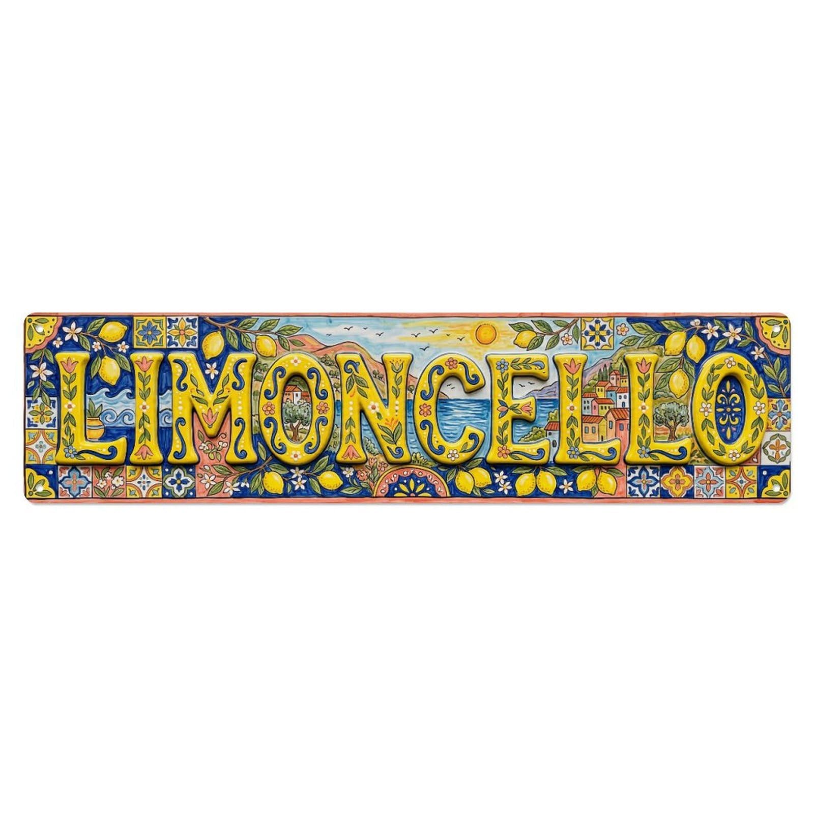 Limoncello Folk Pottery Lemon Metal Tin Skinny Sign Plaque Wall Decor for Cafe, Club Bar, Office, Home Garden Metal Poster 4x16Inch