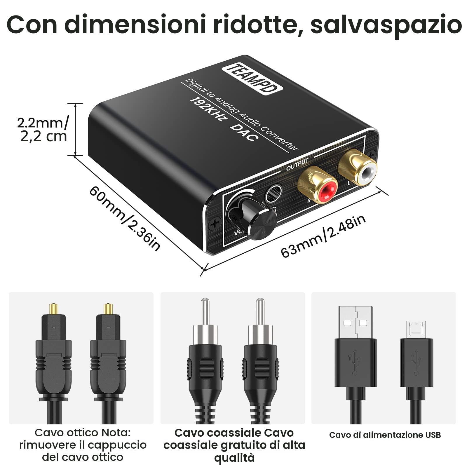 TEAMPD Convertitore Audio Digitale Analogico 192kHz Toslink Coassiale RCA 3,5mm