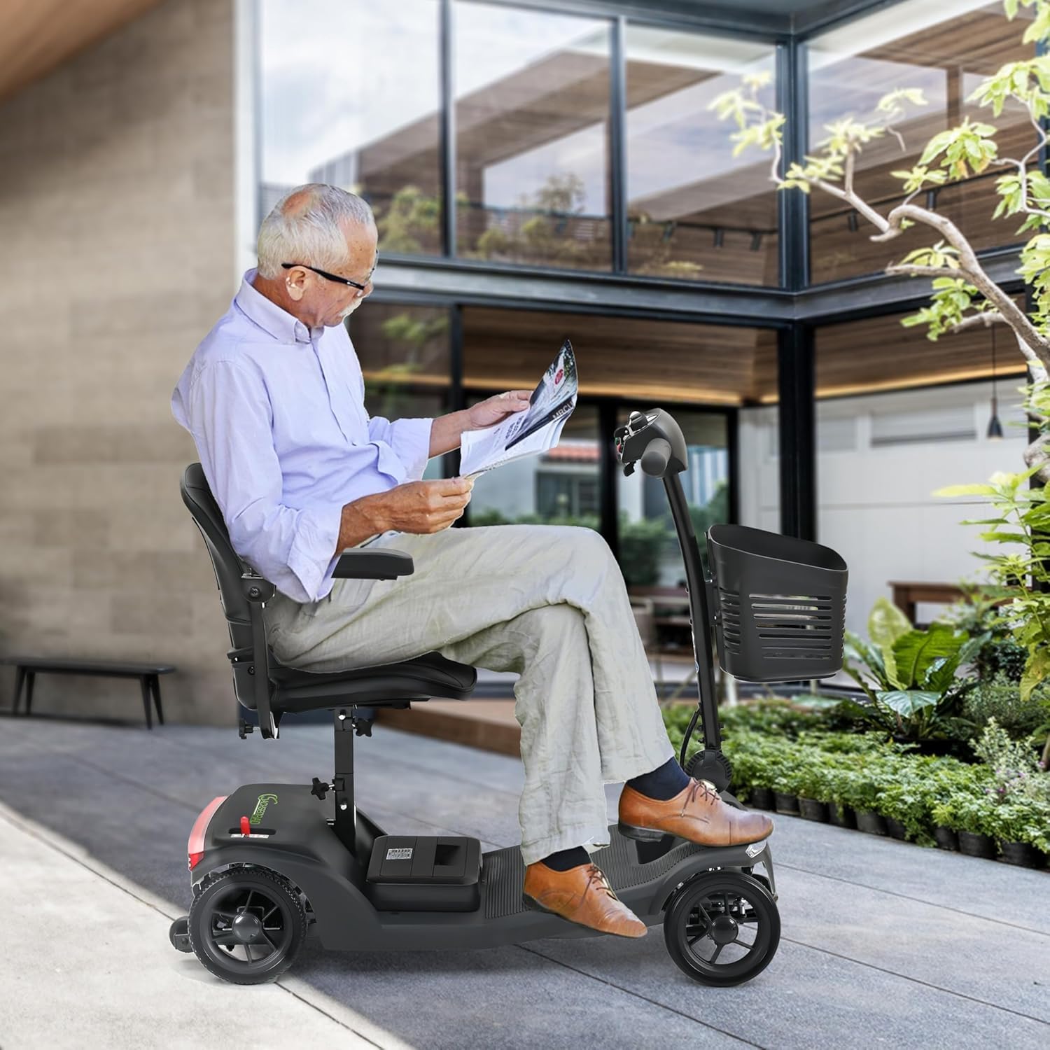 Scooter Électrique PMR Pliable pour Seniors - Structure Renforcée Charge Max 136kg - Pneus Tout-Terrain et Éclairage LED - avec Panier Amovible - Scooter de Mobilité Stable et Robuste