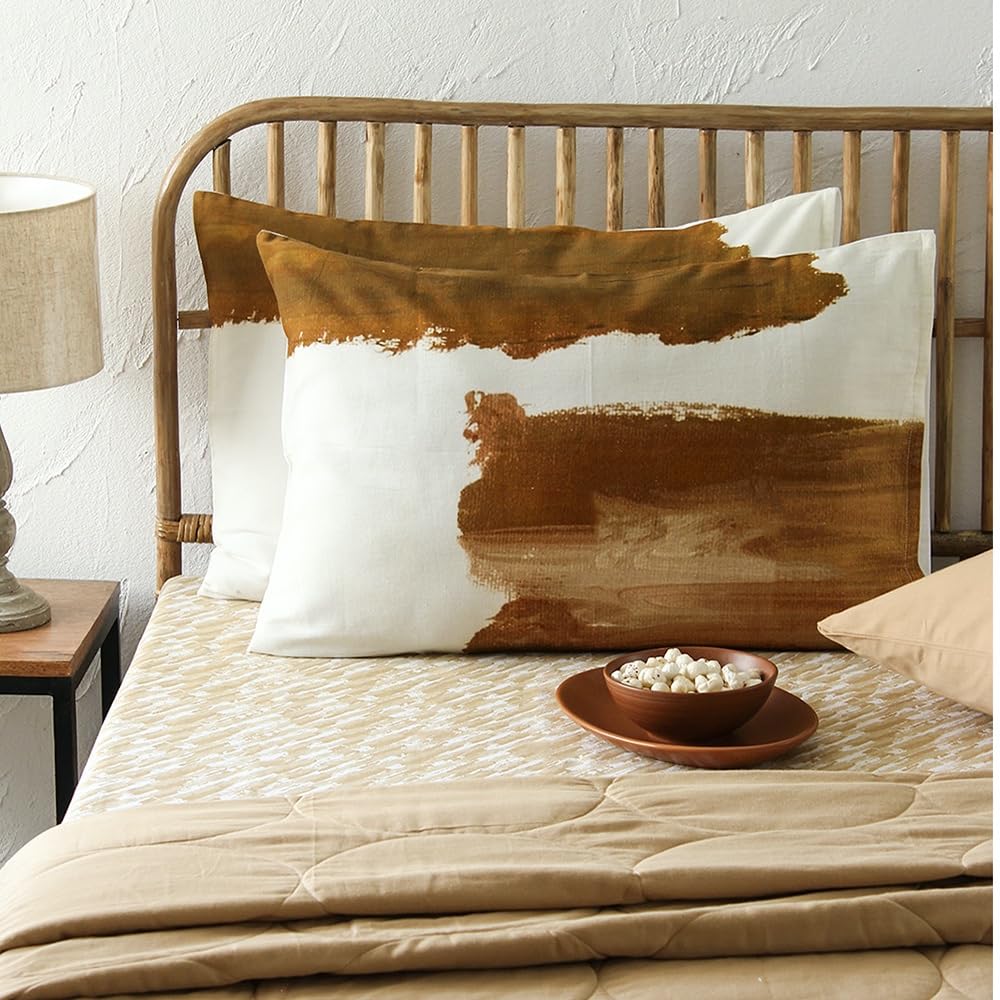 Homprin Paint Brush Design Brown & White 100% Cotton Satin Printed Set of 2 Pillow Covers 18 inch x 28 Inch(46 x 69 cm)