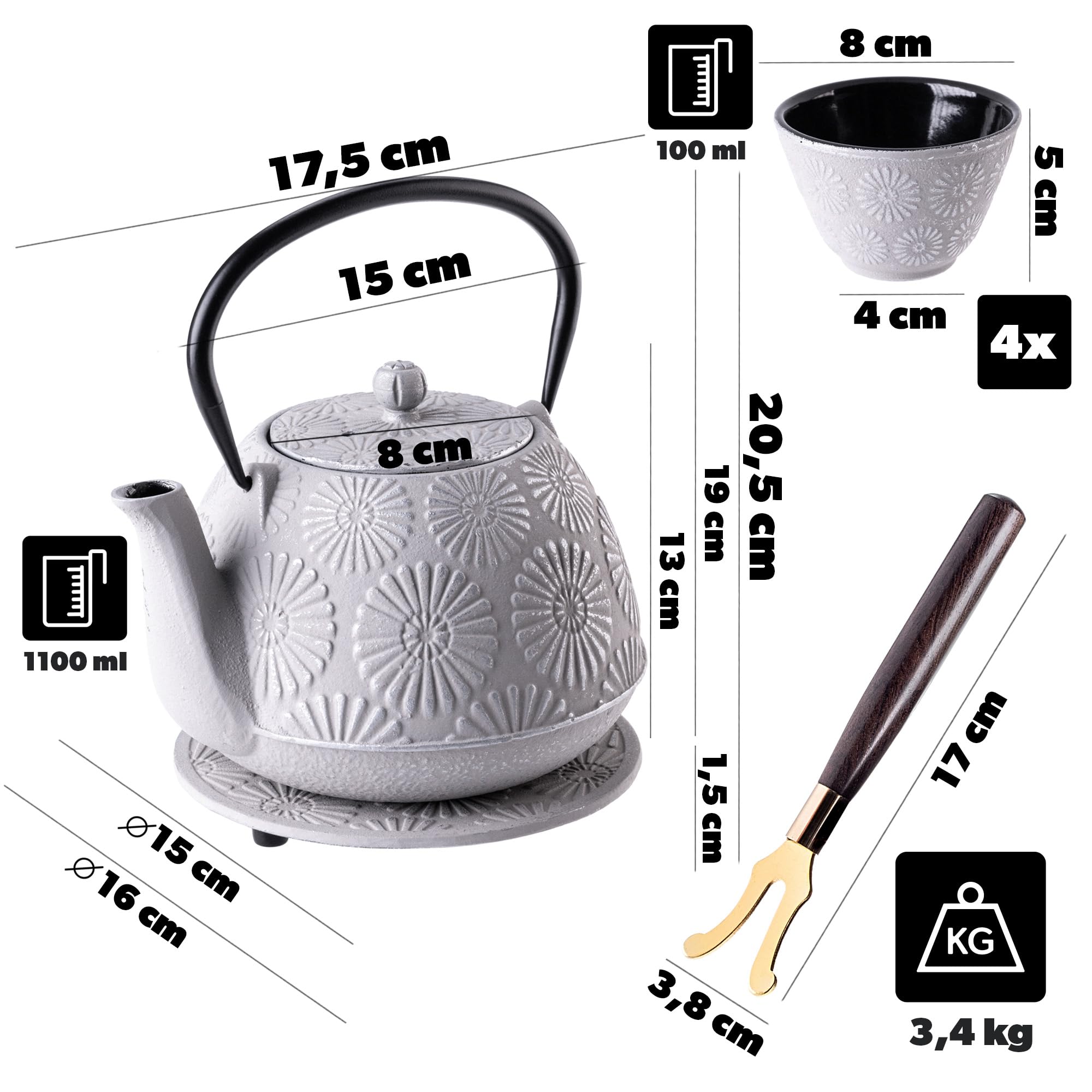 KADAX Tetera japonesa de 1,1 L con 4 tazas de té para té suelto, juego de té japonés de hierro fundido, tetera de hierro fundido con colador, tapa, asa y posavasos (gris)