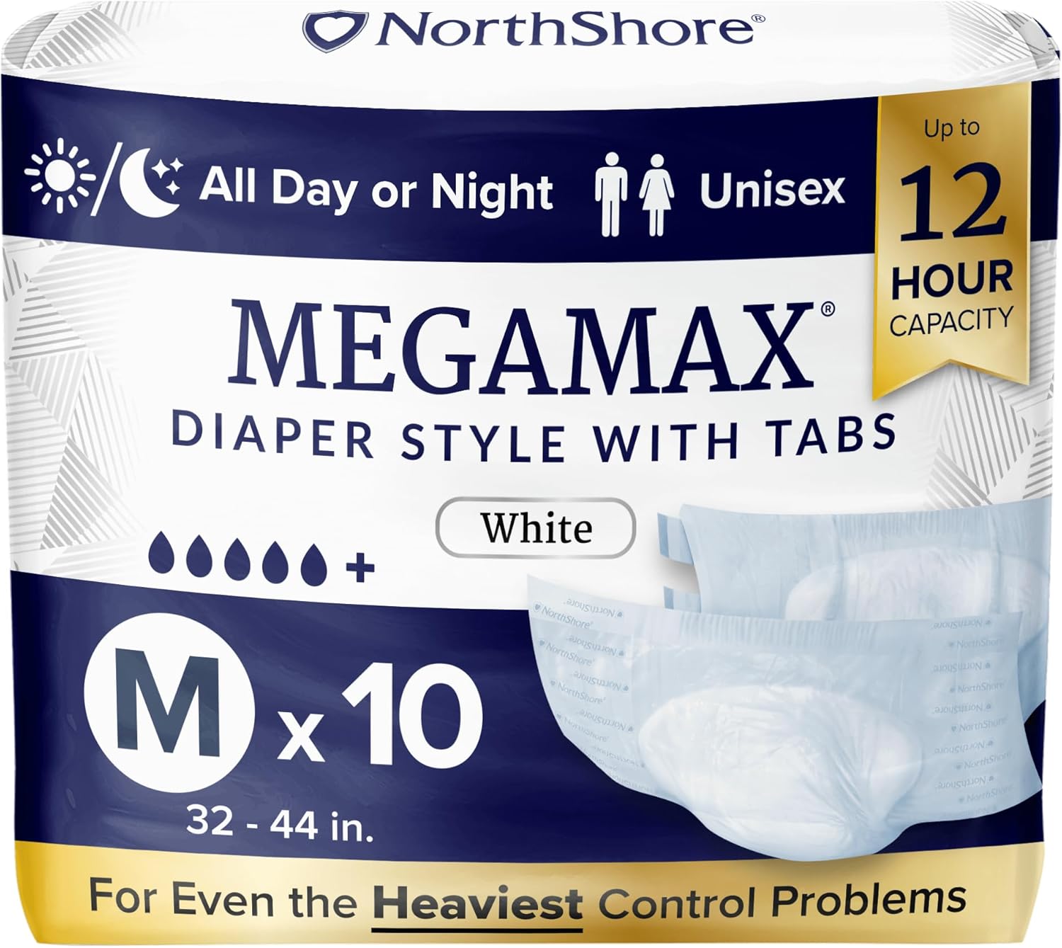 NorthShore MegaMax 12-Hour HBL Adult Diapers for Heavy Bladder Leaks, Medium, 10 Count, White, 32-44 inches, Tab-Style Incontinence Underwear for Men, Women & Teens