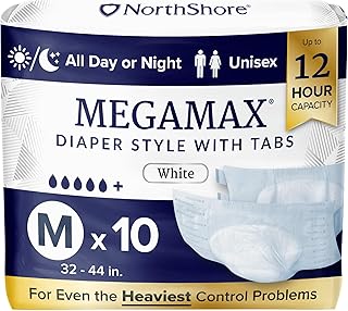 NorthShore MegaMax - Pañales para adultos de noche, estilo con pestañas de 12 horas, medianos, paquete de 10 unidades, blancos, para cinturas de 32 a 44 pulgadas, ropa interior unisex para