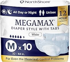 NorthShore MegaMax 12-Hour HBL Adult Diapers for Heavy Bladder Leaks, Medium, 10 Count, White, 32-44 inches, Tab-Style Incontinence Underwear for Men, Women & Teens