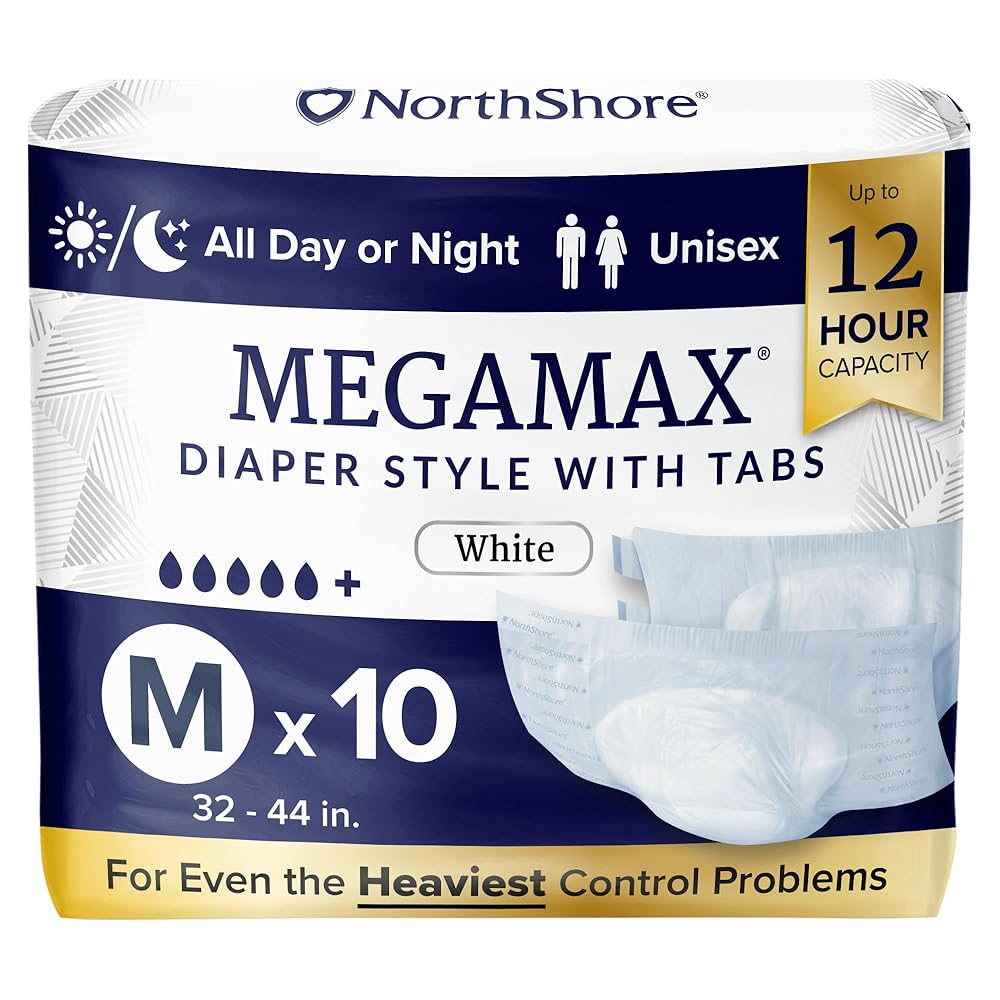 NorthShore MegaMax Adult Overnight Diapers, 12-Hour Tab-Style, Medium, 10 Count Bag, White, 32-44 inches, Unisex Incontinence Underwear