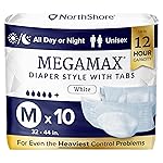NorthShore MegaMax Adult Overnight Diapers, 12-Hour Tab-Style, Medium, 10 Count Bag, White, 32-44 inches, Unisex Incontinence Underwear