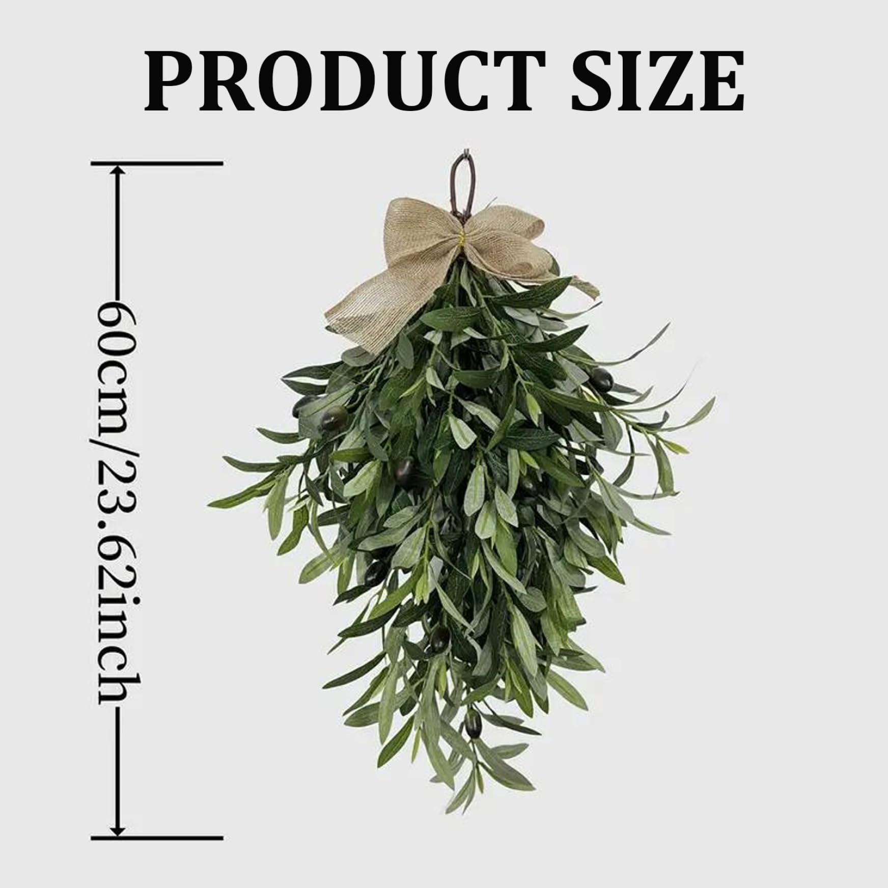 Künstlicher Olivenkranz mit Sackleinenschleife, 61 cm Langer Tropfen-Swag für Haustür, Wand und Hochzeitsdekoration