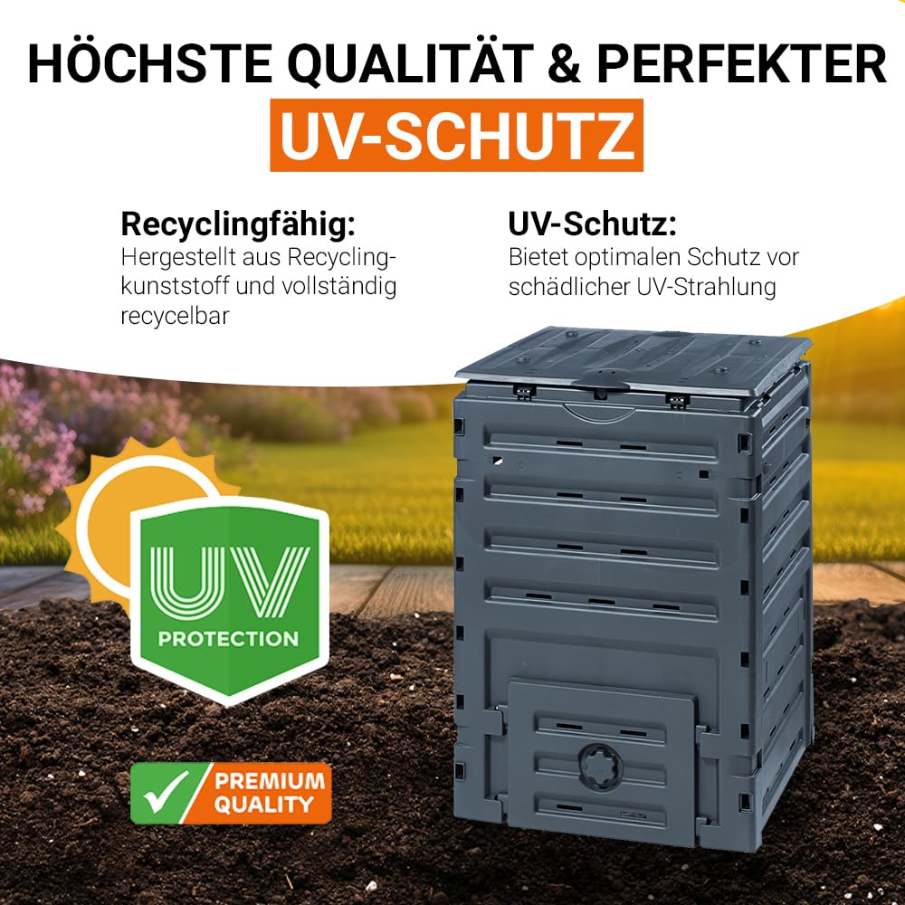 GARANTIA ECO-Master Kunststoff-Komposter 300 Liter schwarz - Kompostbehälter für Gartenabfall und Kompostierung - Schnellkomposter Garten mit großer Öffnung - praktische Entnahme durch Griffmulde