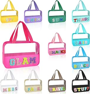 12 Pcs Chenille Letter Patch Makeup Bags Set Preppy Clear Letter Cosmetic Bag Waterproof PVC Large Travel Toiletry Storage Nylon Pouch with Zipper Handle for Women