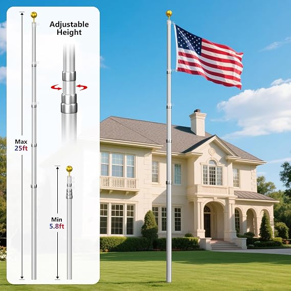 Flag Poles for Outside House Inground - Extra Thick Telescoping Flag Poles, Heavy Duty Flag Pole Kit with 3x5 American Flag (25FT, Silver)